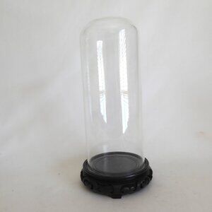 NEW 13” DECORATIVE GLASS CLOCHE DISPLAY DOME COVER HAND CARVED BLACK WOOD BASE